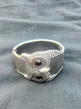Silver-Tone Textured Owl Cuff Bracelet - Silver